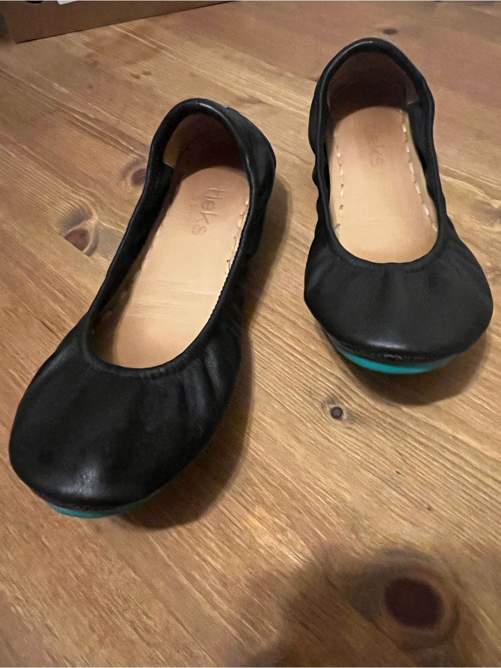 TKEES Black Leather Ballet Flats with Teal Accent